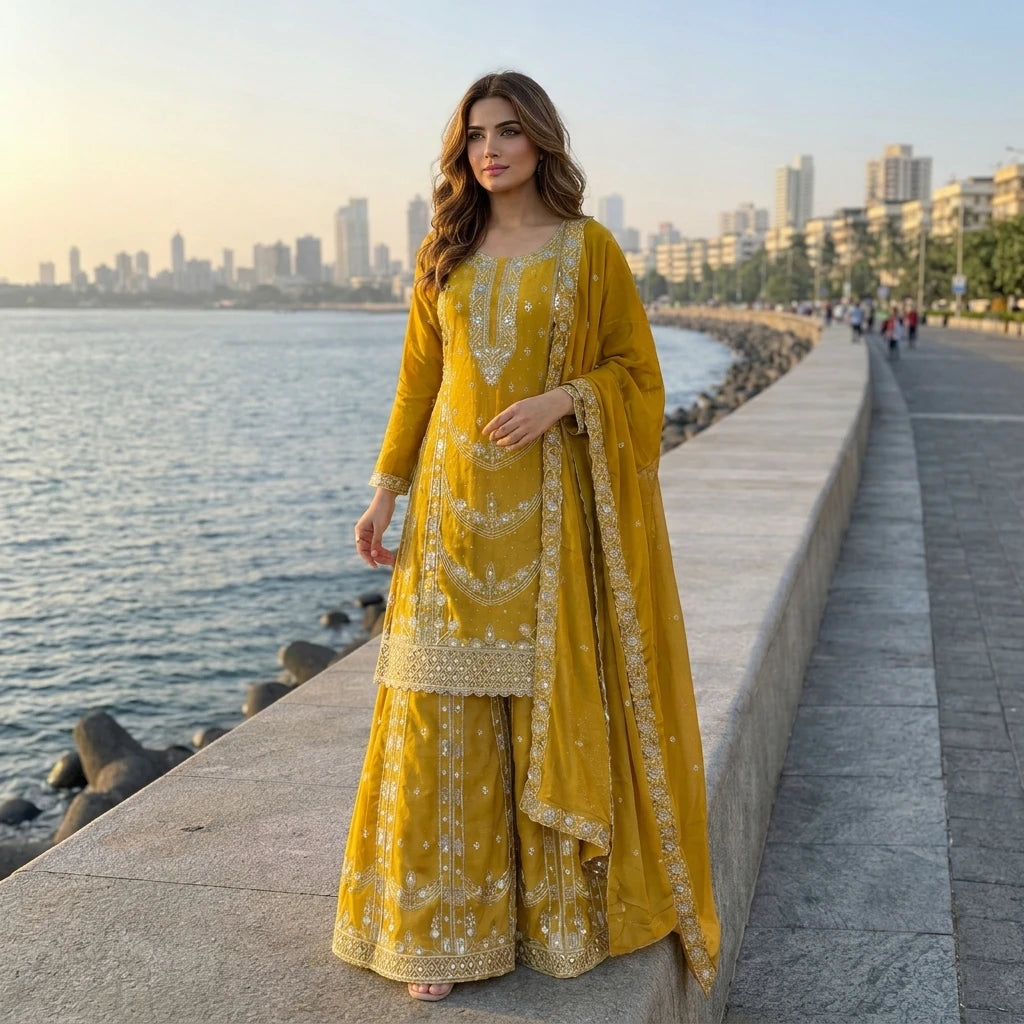 Vastra Creation's Designer Pakistani Style Top, Palazzo & Dupatta Set