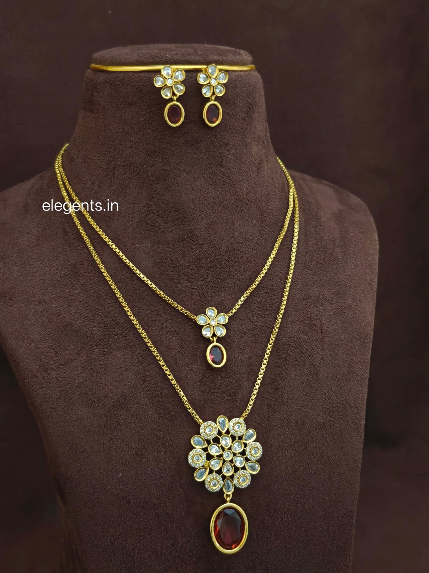 Elegents' 2line Chain Necklace Set Red