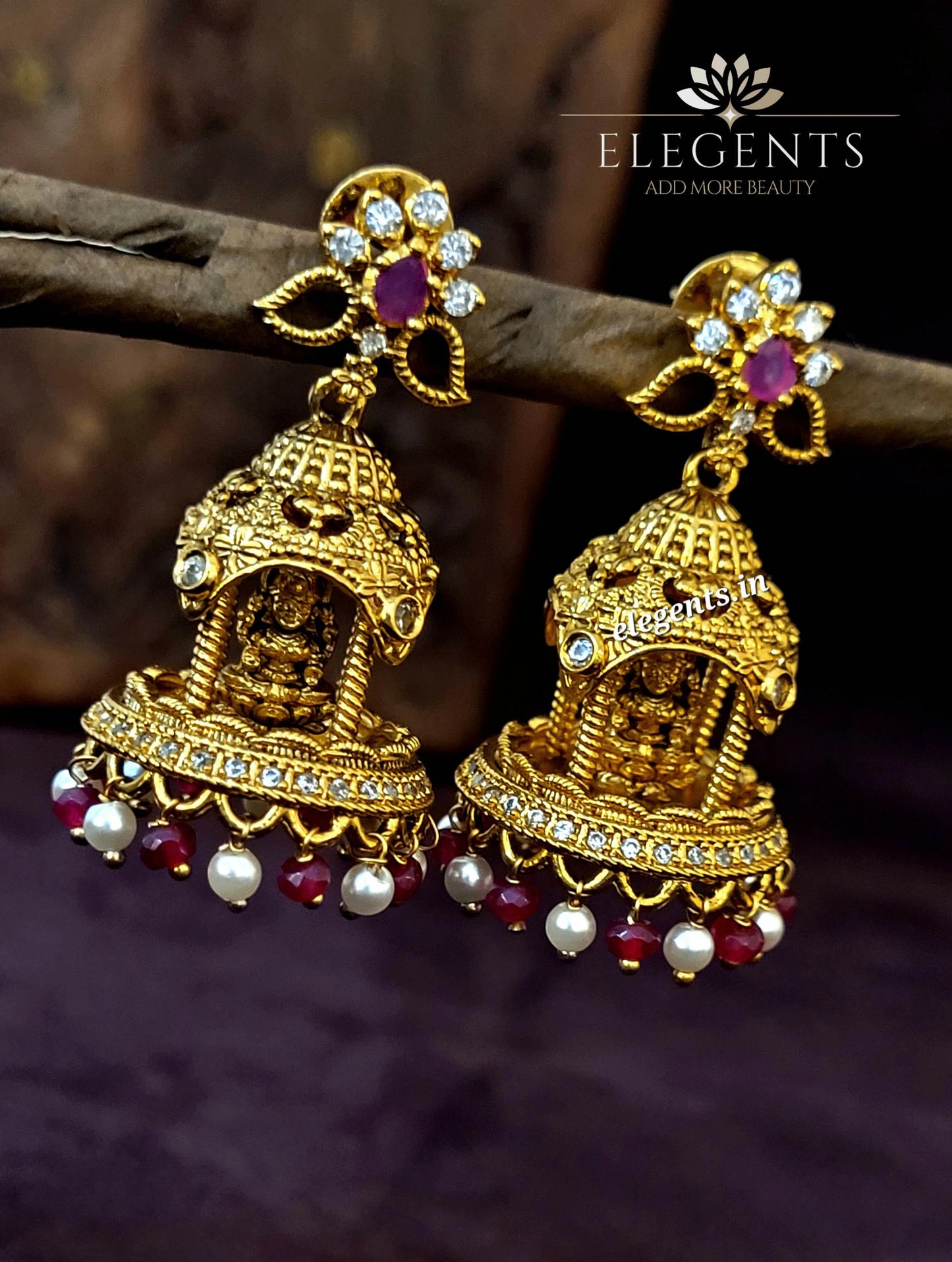 Elegents' Lakshmi Temple Jhumka Red Beads