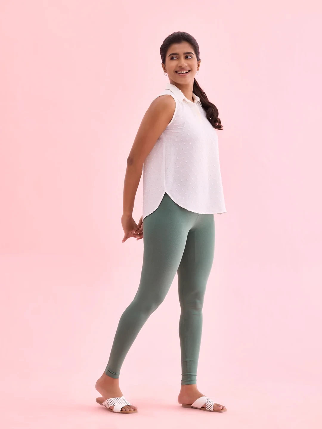 Go Colors Leaf Green Cotton Stretch Ankle Length Leggings