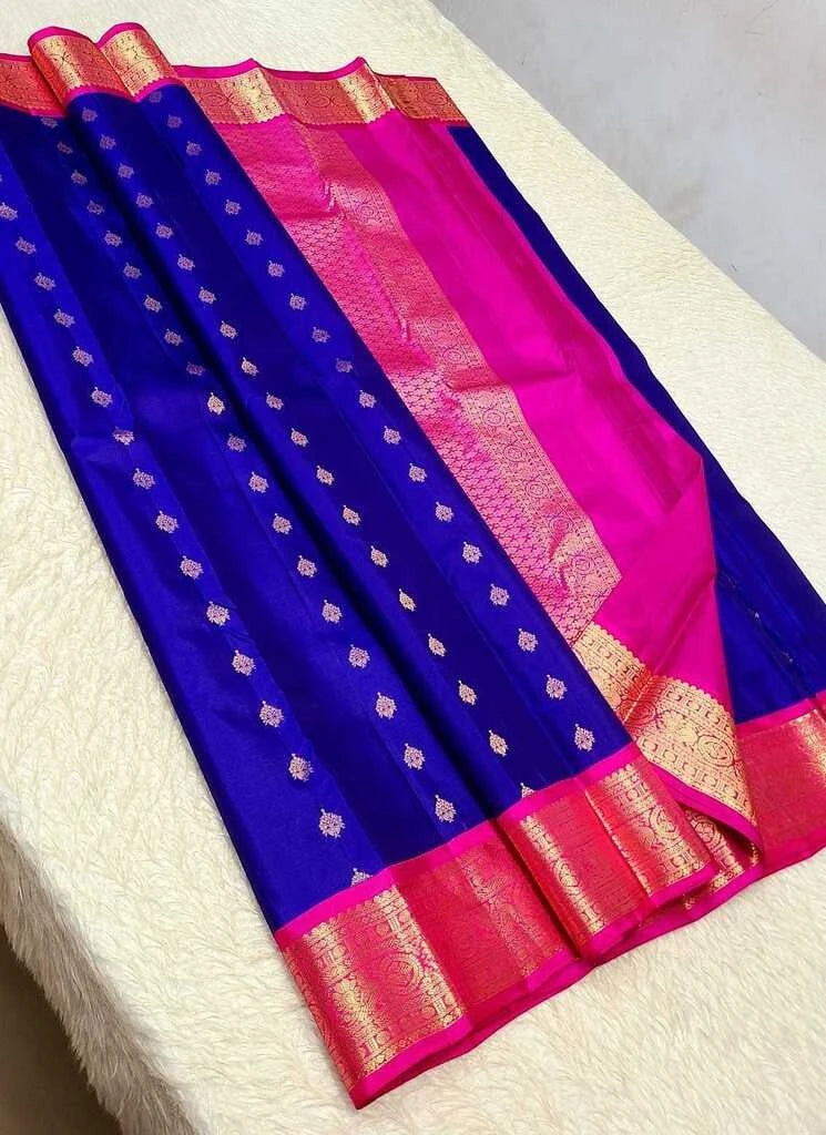 Pure Kanchipuram Handwoven Korvai Bridal Silk Saree – Blue