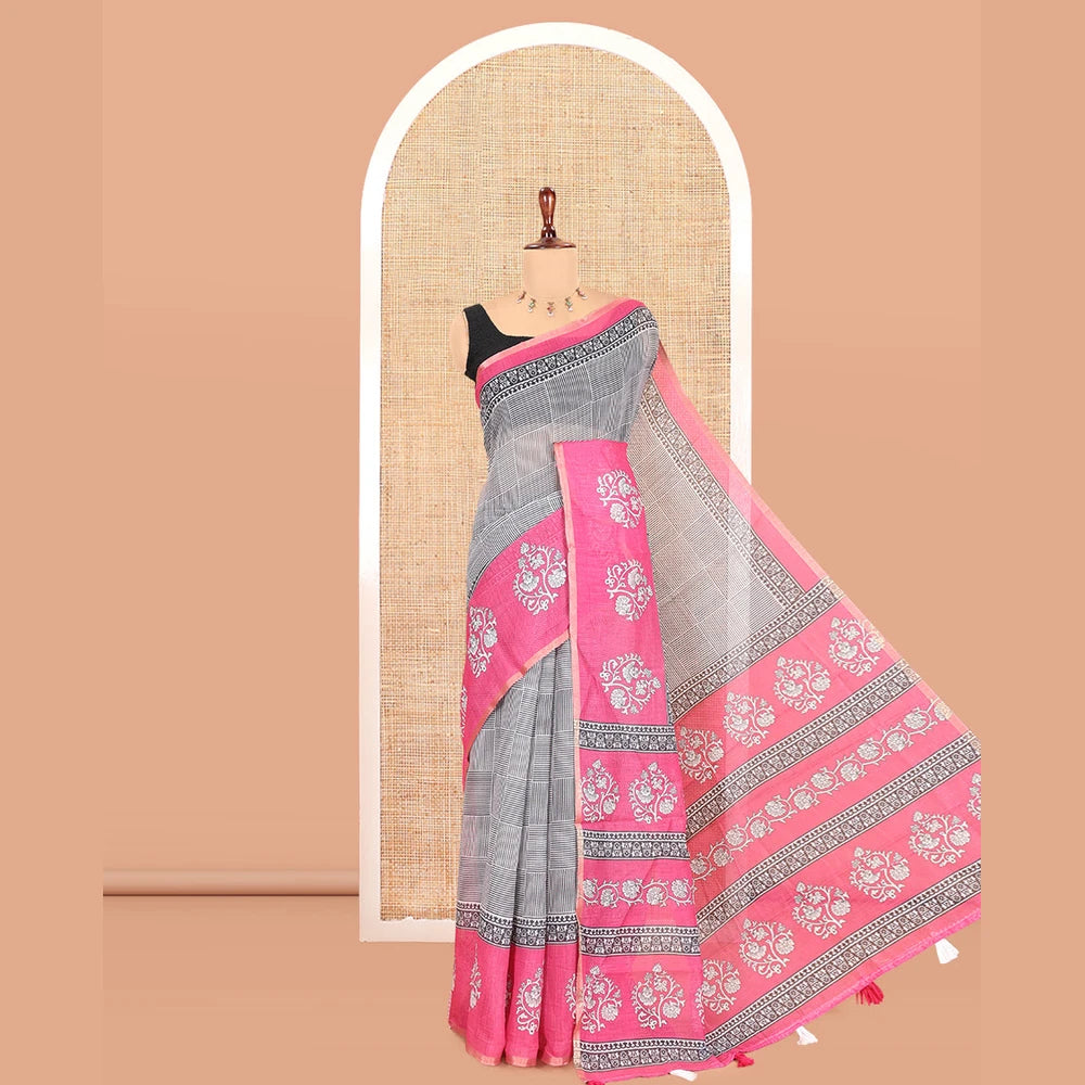 Pothys Black-Rani Pink Linen Cotton Saree