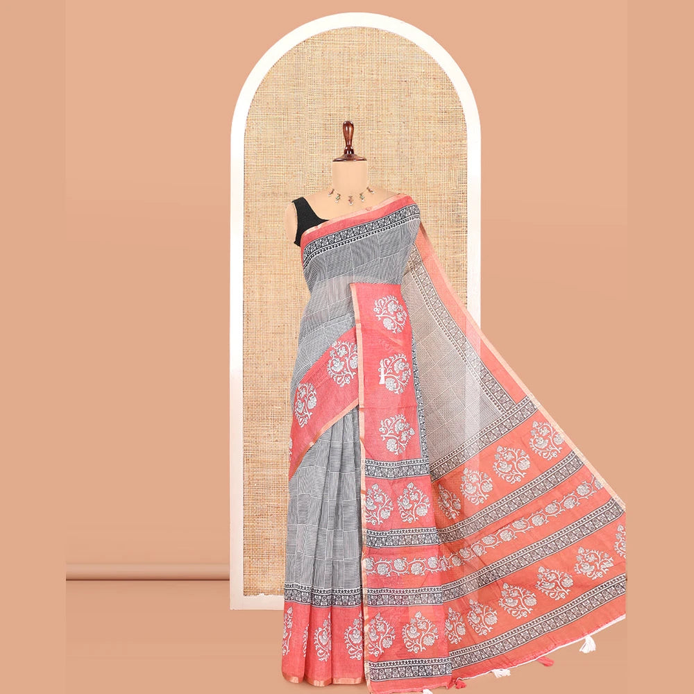 Pothys Black-Tomato Pink Linen Cotton Saree