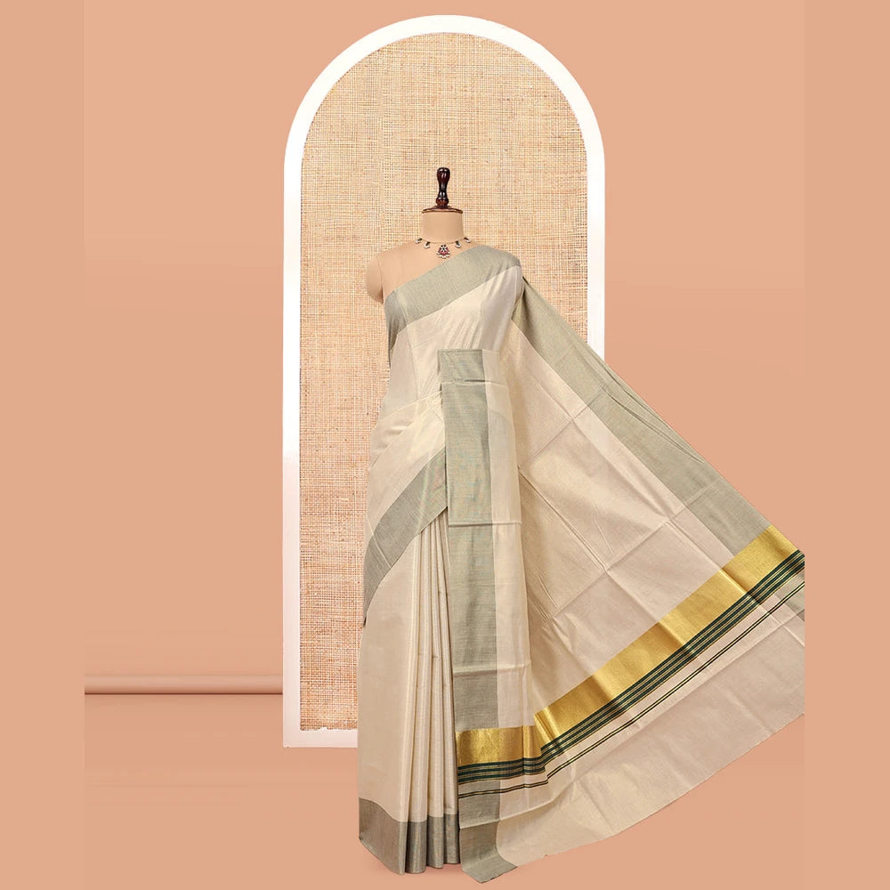 Pothys Gold Plain Kerala Cotton Saree