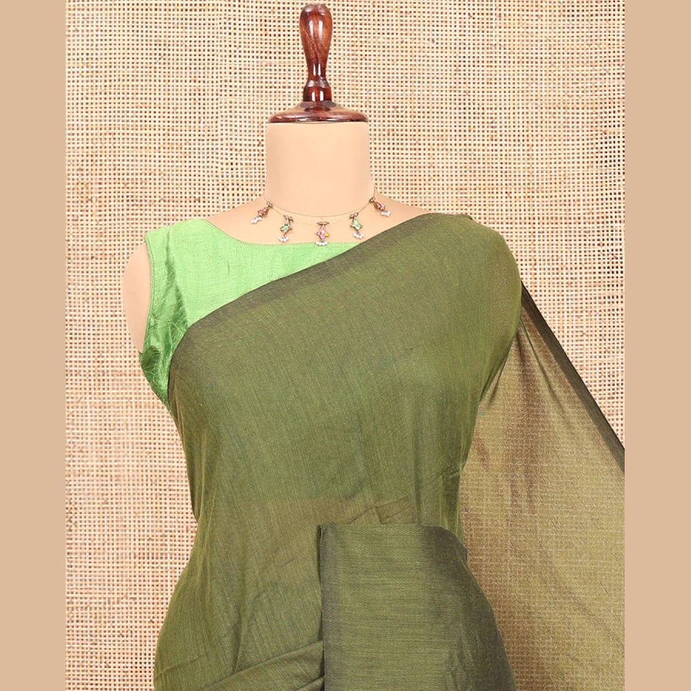 Pothys Borderless Green Plain Khadi Cotton Saree