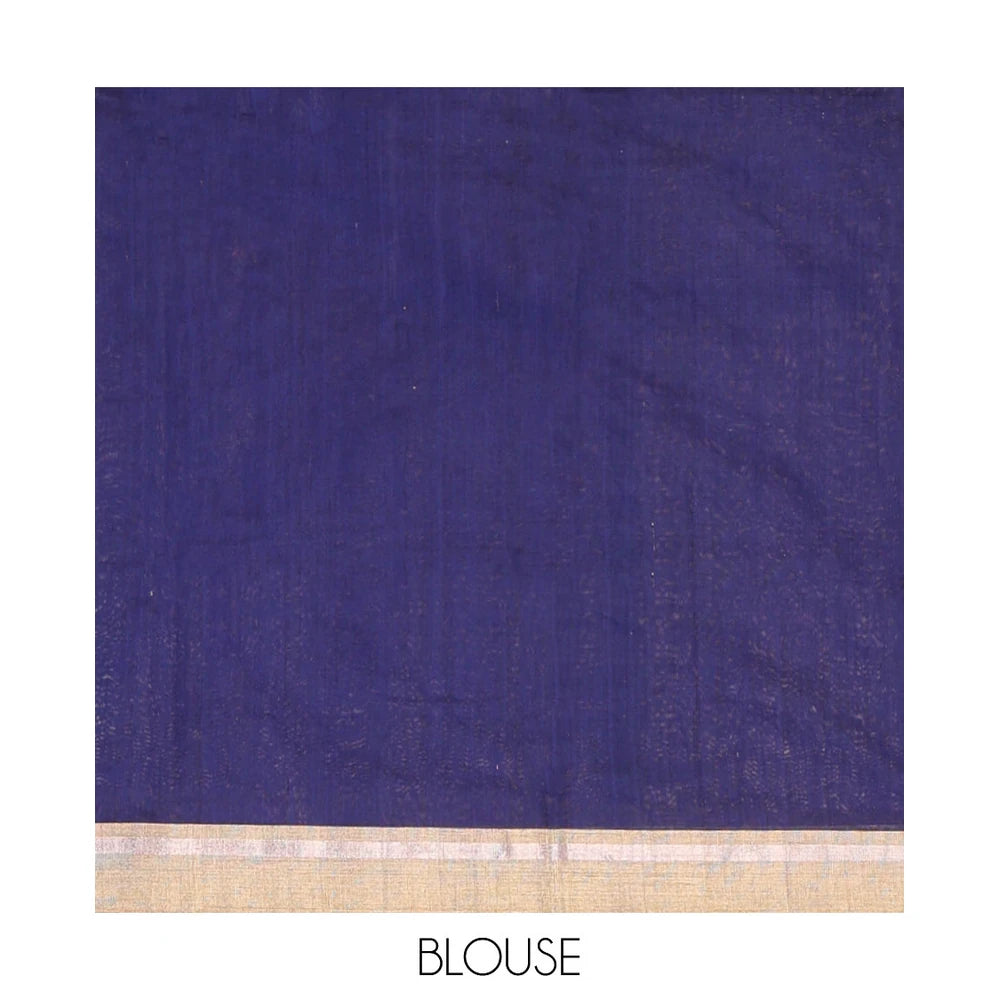 Pothys Dark blue leaf design chanderi cotton saree with contrast zari border & lotus design, striped pallu