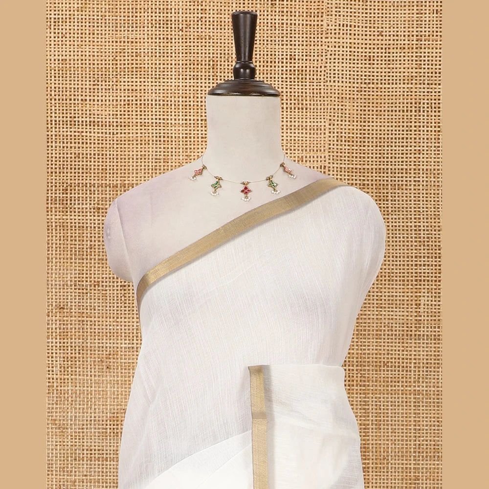 Pothys White plain & giraffe motifs printed linen cotton saree, zari piping border, giraffe printed pallu & vertical striped blouse