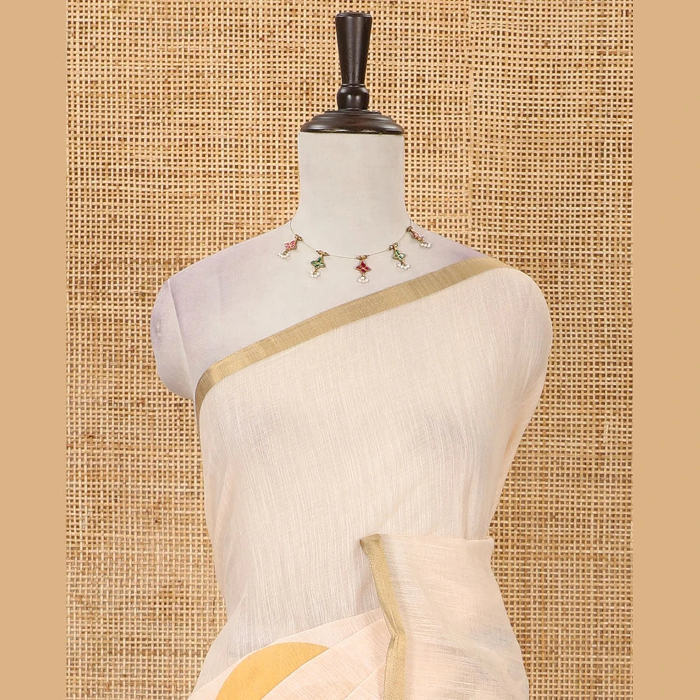 Pothys Cream plain & giraffe motifs printed linen cotton saree, zari piping border, giraffe printed pallu & vertical striped blouse