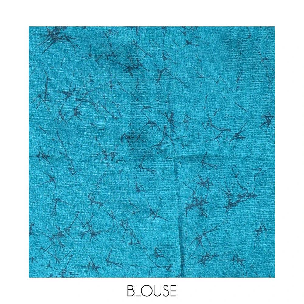 Pothys Borderless blue fancy motifs batik-printed art khadi silk saree, contrast printed pallu, and a printed blouse