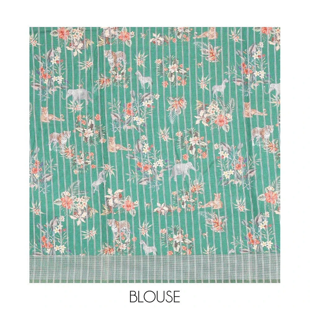 Pothys Green tropical floral and fauna motifs printed fancy tussar saree, resham border, self-pallu, and a matching blouse of print with resham thread stripes