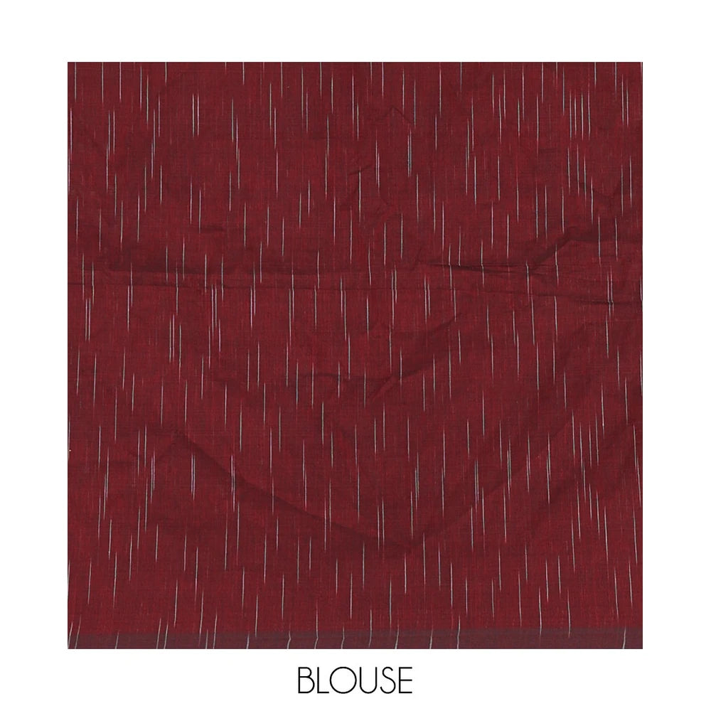 Pothys Borderless Maroon Khadi Mul Cotton Saree Decked with Jharna-Style Waterdrop Motifs, Featuring a Gleaming Zari-Woven Pallu, Paired with a Matching Blouse Replicating the Body Motifs