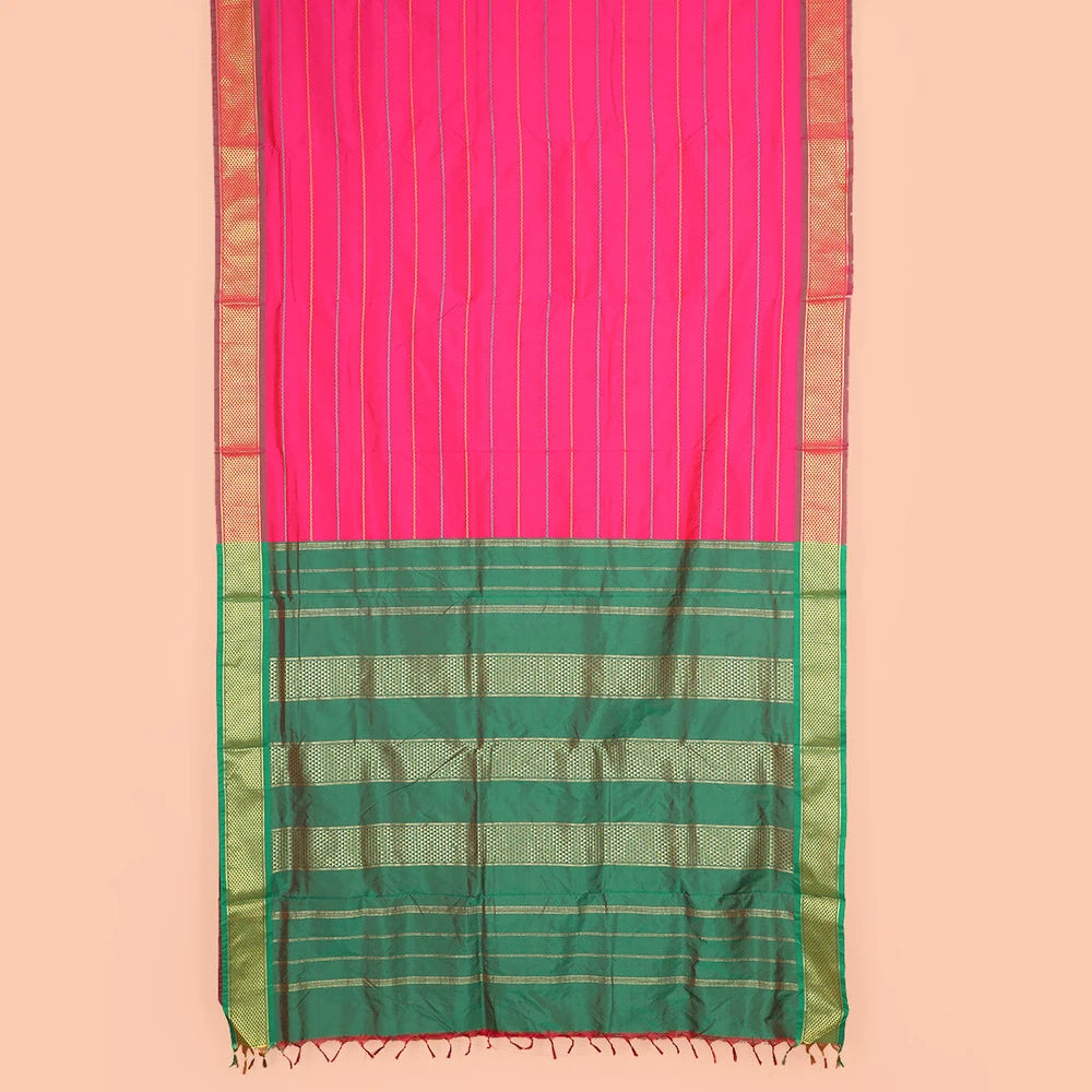 Pothys Rani Pink Ten-Yard Art Silk Saree Prettified with Neli Stripes, Complemented by a Contrast Traditional Ara Maadam Border, and Pallu Elevated with Zari Designs