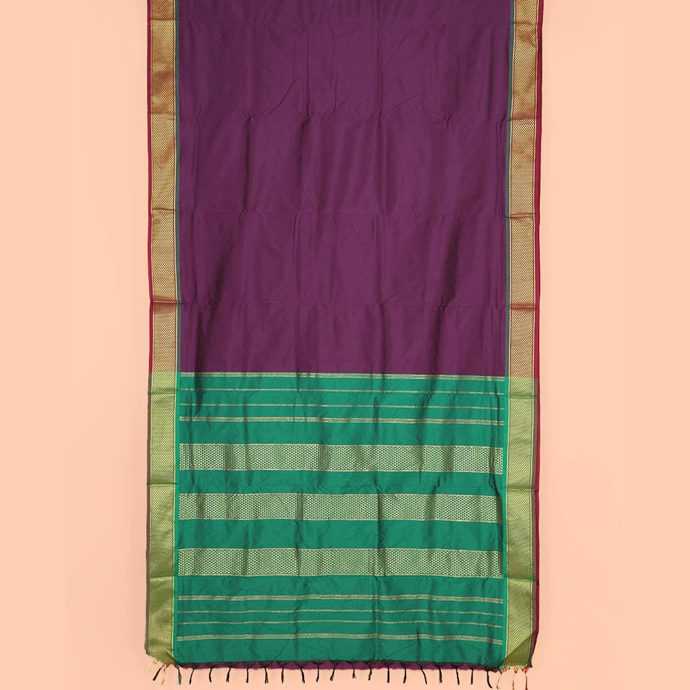 Pothys Purple Plain Ten-Yard Art Silk Saree, Complemented by a Contrast Traditional Ara Maadam Border, and Pallu Elevated with Traditional Ara Maadam and Zari Designs