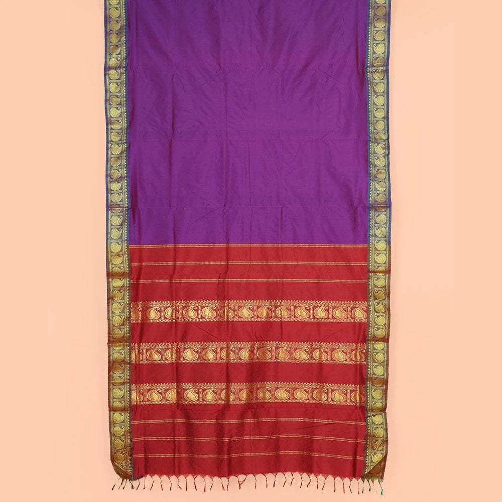 Pothys Purple Plain Ten-Yard Art Silk Saree, Complemented by a Contrast Traditional Zari Border of Paisley Designs, and Pallu Adorned with Traditional Zari Designs