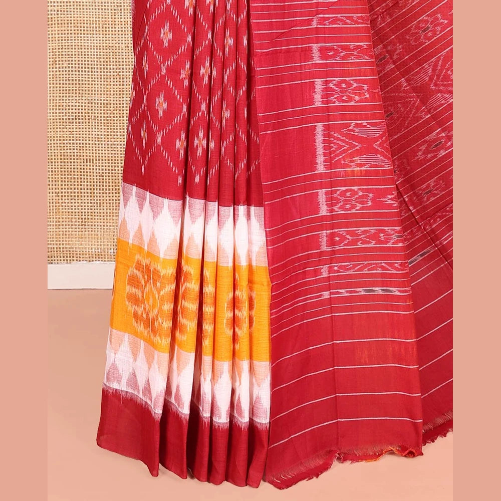 Pothys Red Odisha Cotton Saree with Floral Temple Border
