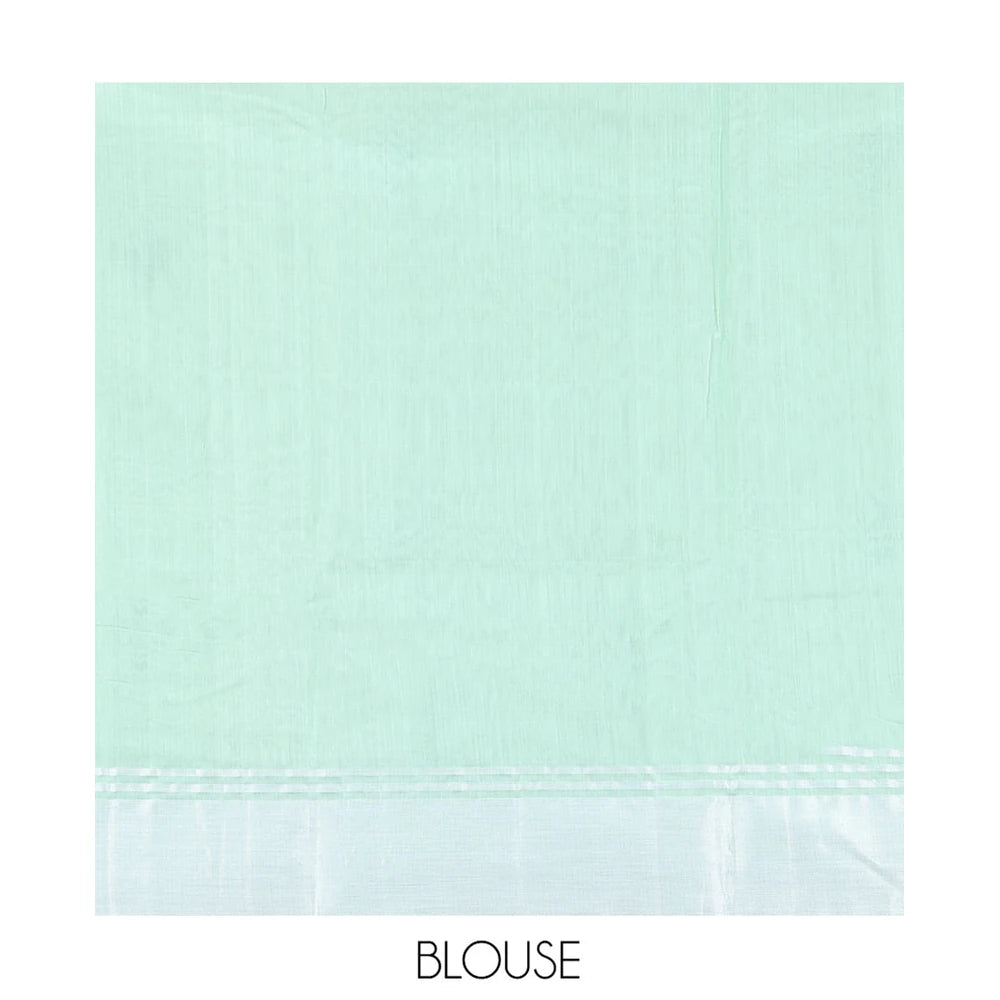 Pothys Green Chanderi Cotton Saree, Subtly Decked up with Floral Buttas All Over Its Body, Highlighted by a Bavanji Border, Pallu Steeped with Zari Stripes, and Paired with a Matching Blouse