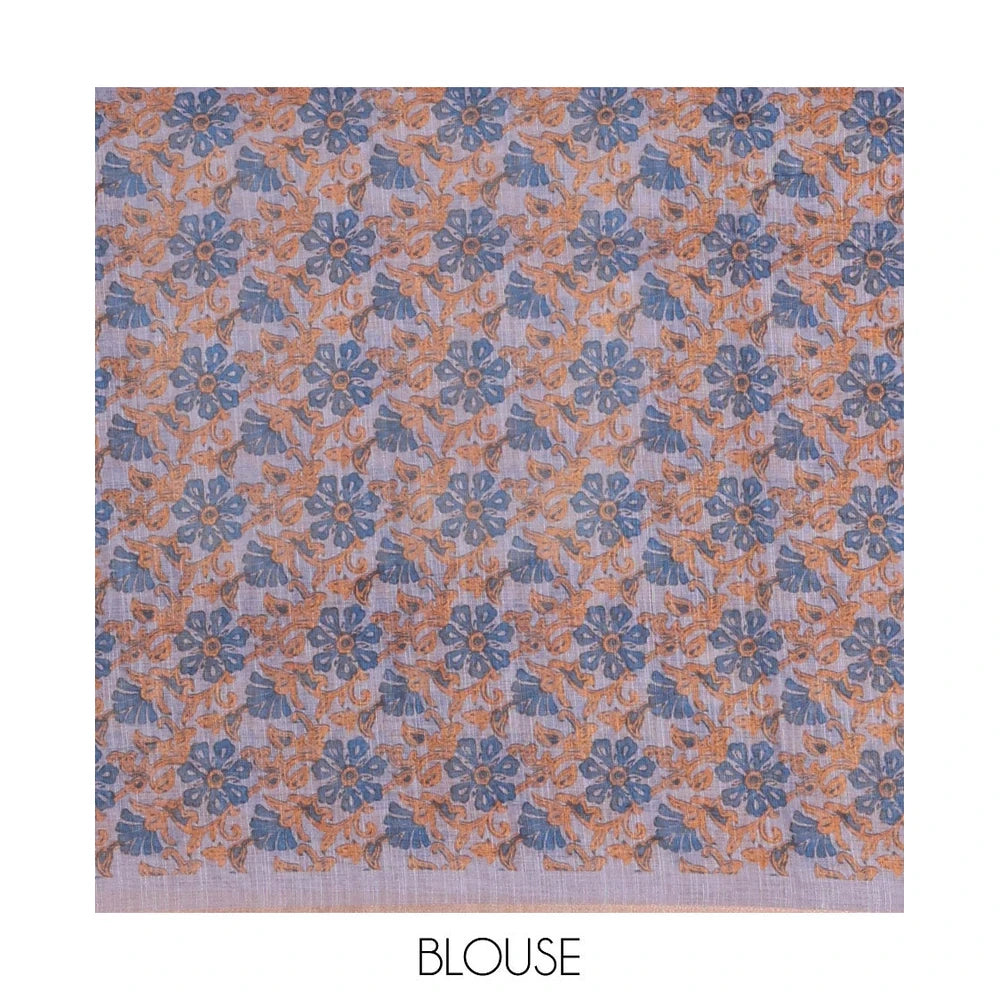Pothys Grey Linen Cotton Saree, Adorned with Shibori Prints on Its Body, Subtle Contrast Piping Border, Pallu of Floral Print, and Paired with a Matching Blouse