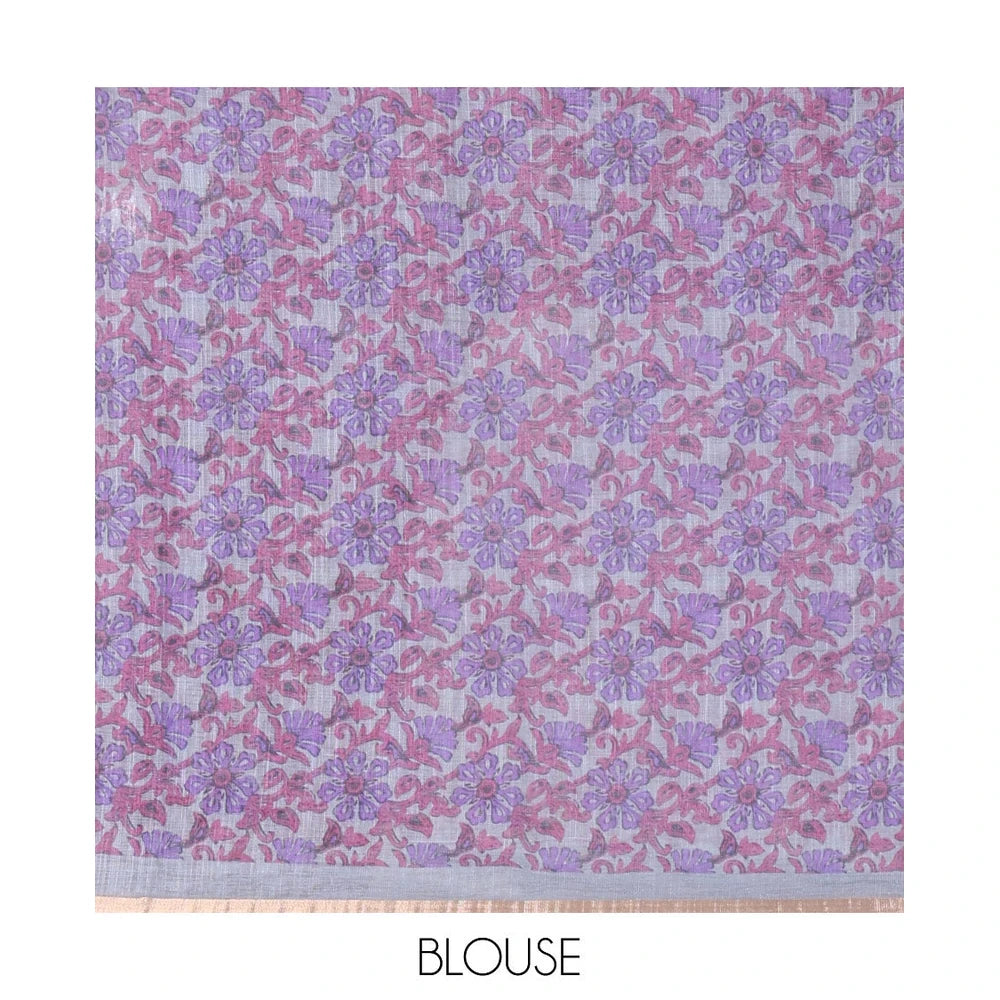 Pothys Violet Linen Cotton Saree, Adorned with Shibori Prints on Its Body, Subtle Contrast Piping Border, Pallu of Floral Print, and Paired with a Matching Blouse
