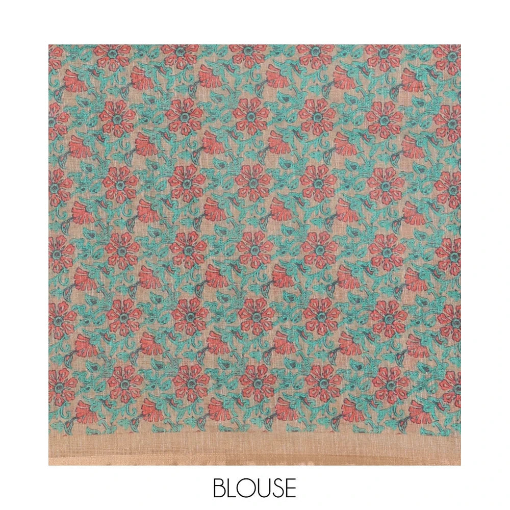 Pothys Chikoo Linen Cotton Saree, Adorned with Shibori Prints on Its Body, Subtle Contrast Piping Border, Pallu of Floral Print, and Paired with a Matching Blouse