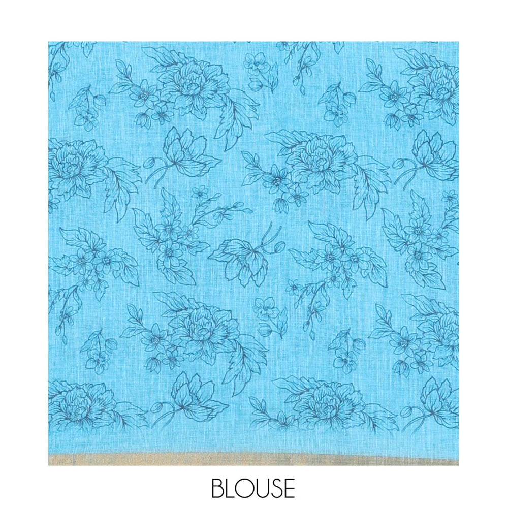Pothys Blue Linen Cotton Saree, Beautified with Polka Dots All Over Its Body, Subtle Piping Border, Self-Pallu, and Paired with a Floral Printed Matching Blouse