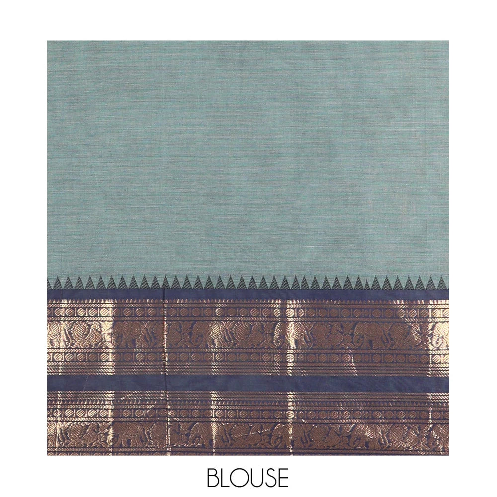 Pothys Green Plain Chettinad Cotton Saree, Complemented by a Contrast Traditional Zari Border of Peacock and Elephant Designs, Subtly Striped Pallu, and Paired with a Matching Blouse