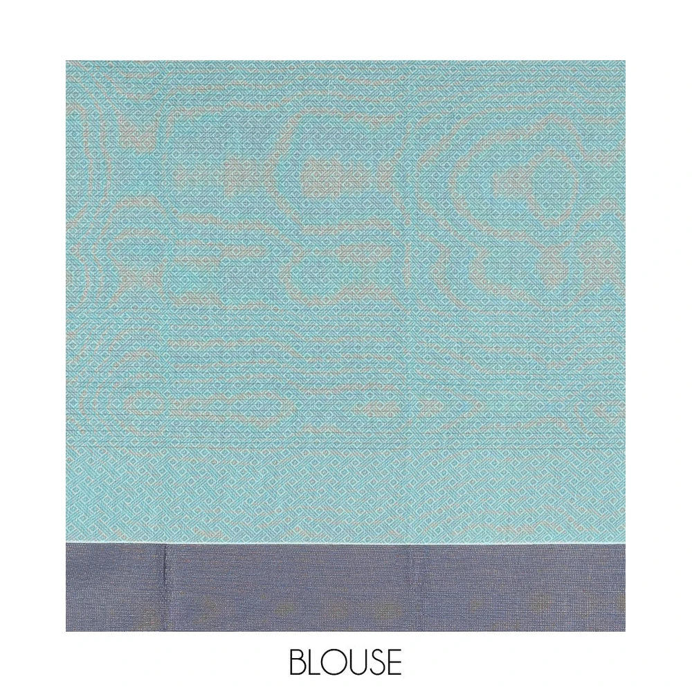 Pothys Blue Semi-Silk Cotton Saree, Adorned with Stripes and Buttas All Over Its Body, Complemented by Contrast Border, Pallu of Intricate Designs, and Paired with a Matching Blouse