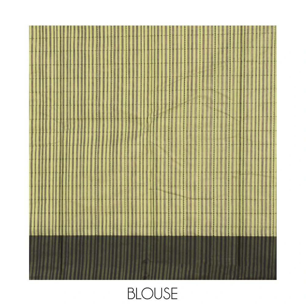 Pothys Green Semi-Silk Cotton Saree, Subtly Sparkled with Checks All Over Its Body, Complemented by a Contrast Border, Striped Pallu, and Paired with a Matching Blouse