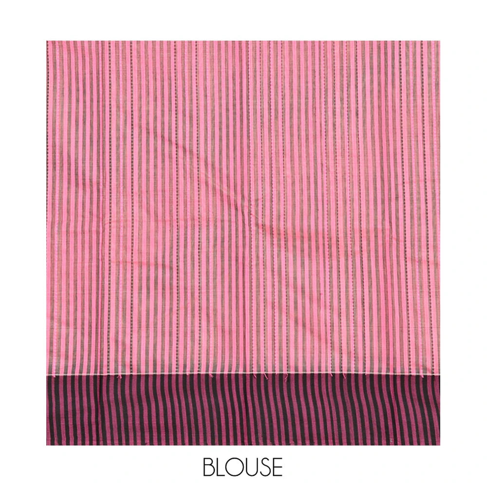 Pothys Pink Striped Semi-Silk Cotton Saree, Complemented by a Contrast Border, Pallu Steeped with Stripes, and Paired with a Matching Blouse