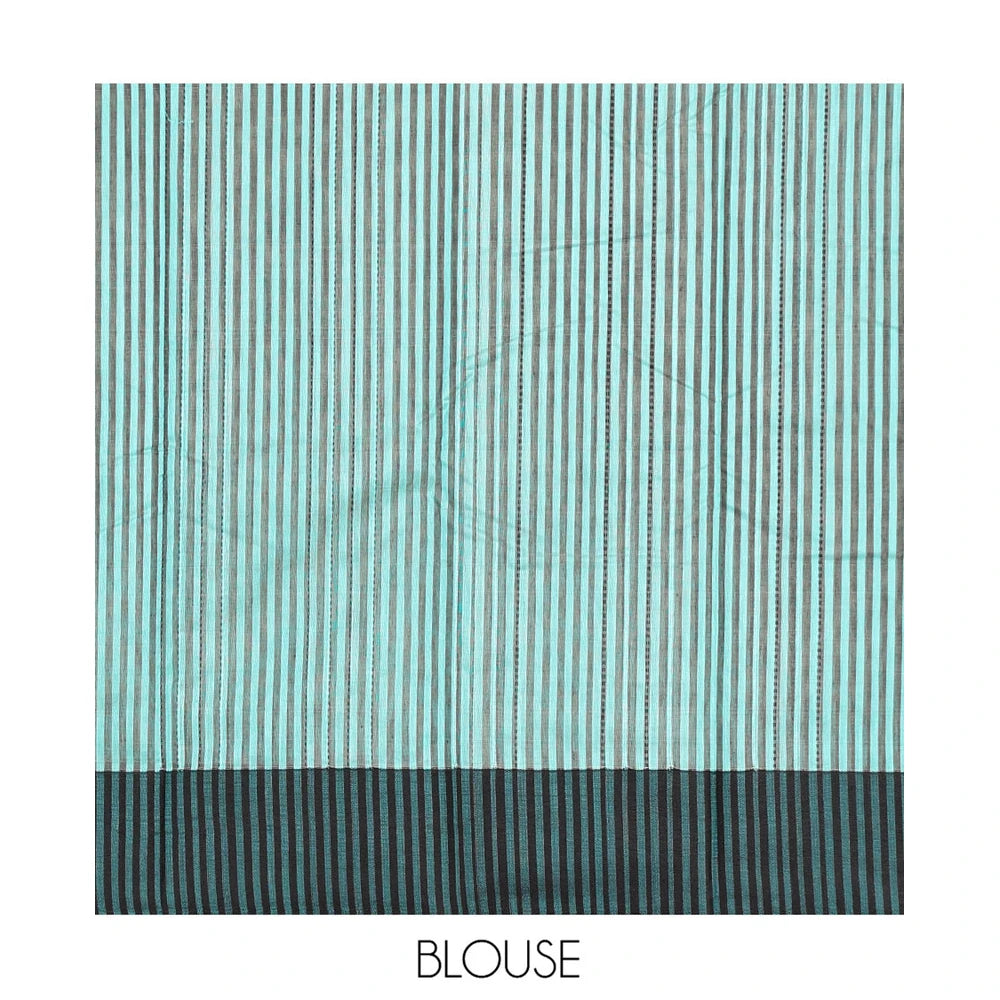 Pothys Blue Striped Semi-Silk Cotton Saree, Complemented by a Contrast Border, Pallu Steeped with Stripes, and Paired with a Matching Blouse