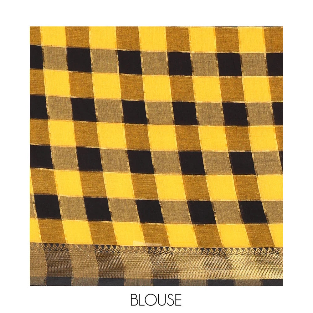 Pothys Yellow Checked Khadi Mul Cotton Saree, Highlighted by Zari Traditional Border, Zari Checked Pallu, and Paired with a Matching Blouse