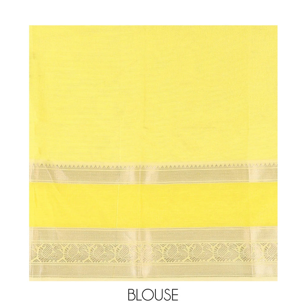 Pothys Off-White Mangalagiri Silk Saree, Sparsely Woven Stripes On Its Body, Complemented by Contrast Border of Temple and Peacock Designs, Striped Pallu and Paired with a Contrast Blouse