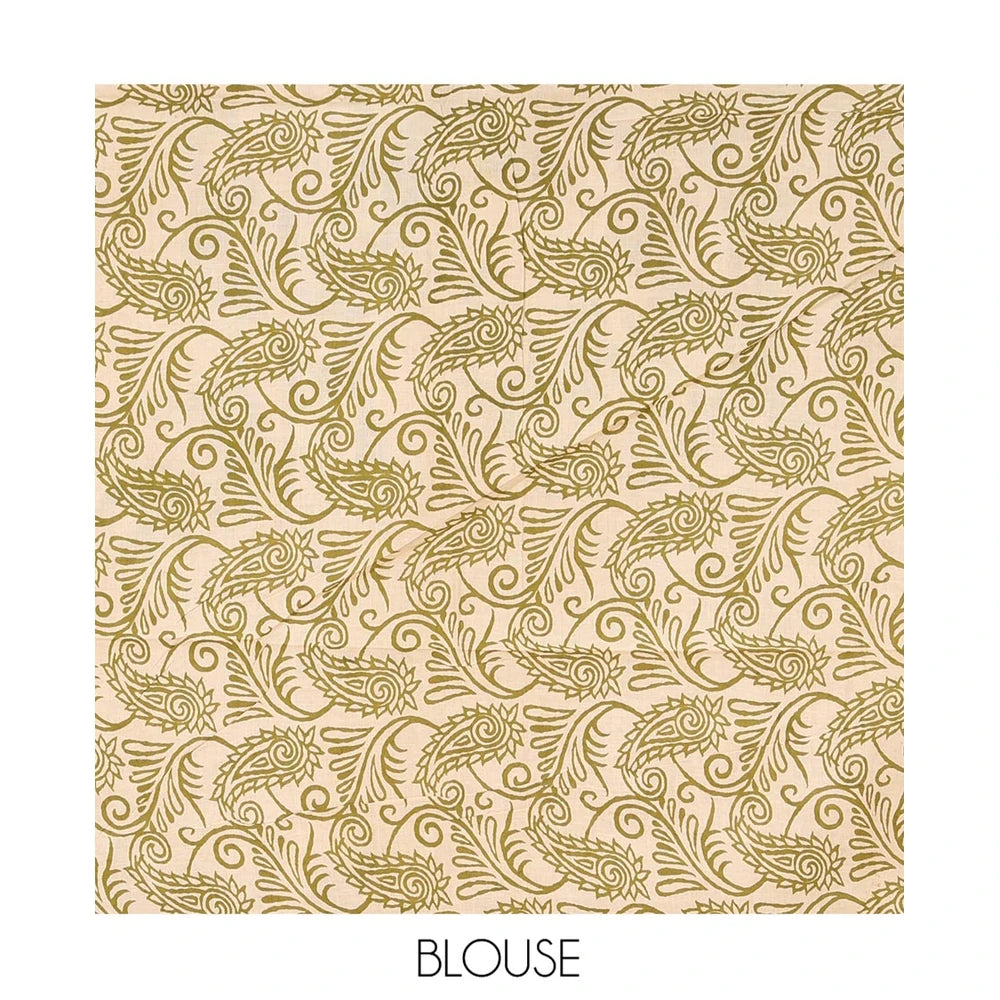 Pothys Green Machine-Printed Kalamkari Cotton Saree, Adorned with Floral and Floral Vase on Its Body, Subtly Printed Border, Pallu of Peacock Print, and Paired with a Printed Blouse