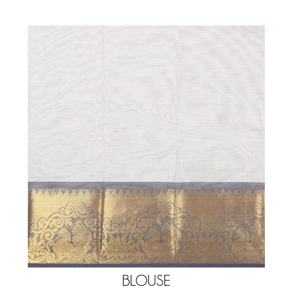 Pothys Grey Chettinad Cotton Saree, Adorned with Buttas All Over Its Body, Complemented by a Contrast Peacock Zari Design Border, Pallu of Stripes and Buttas, and Paired with a Matching Blouse