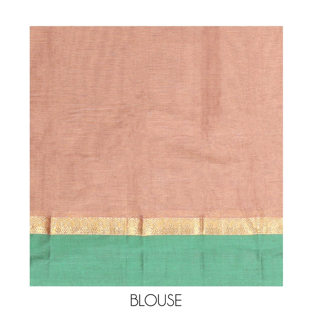 Pothys Brown Kanchi Cotton Saree, Bedecked with Buttas All Over Its Body, Complemented by a Contrast Border, Pallu of Paisley, Floral and Checks, and Paired with a Matching Blouse