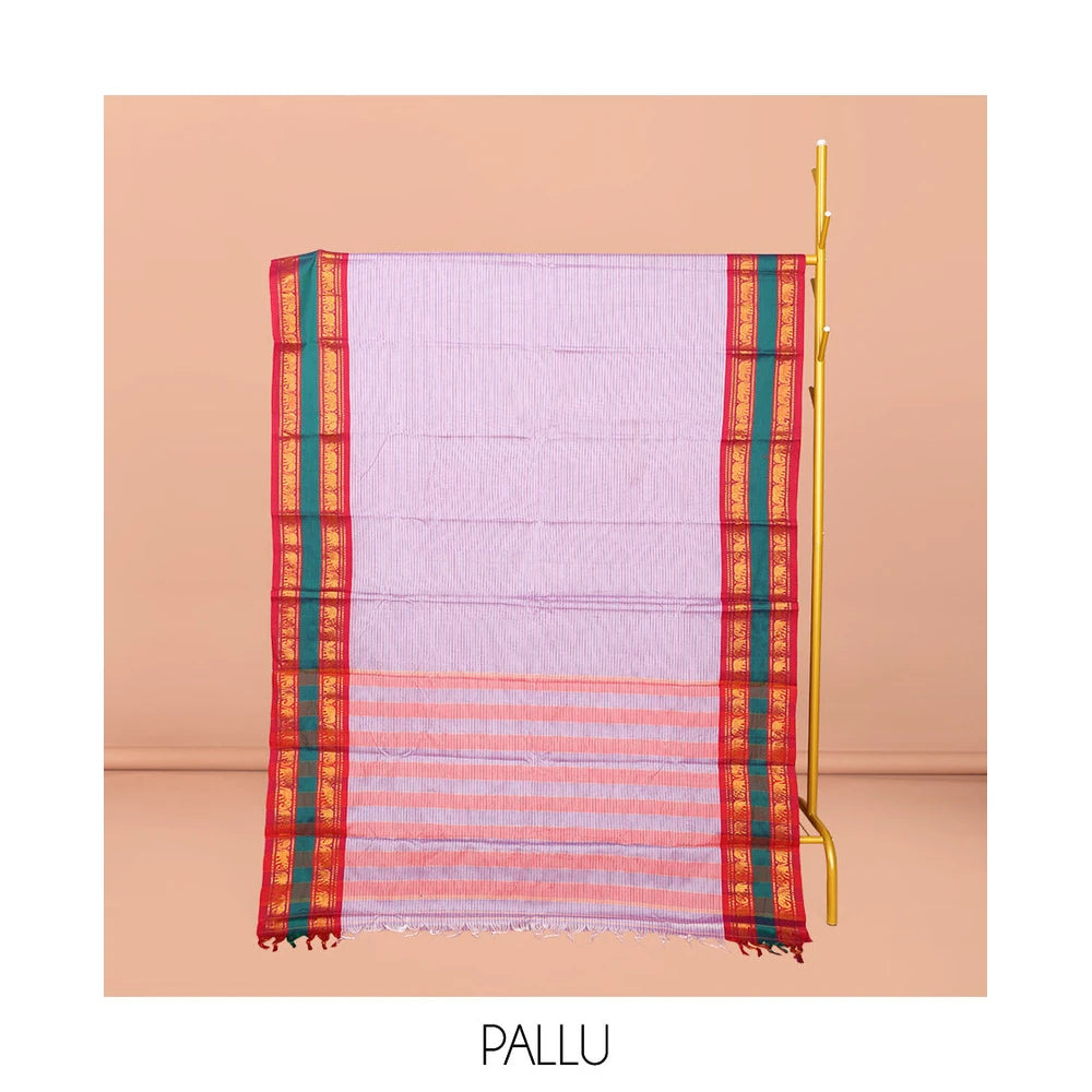 Pothys Lavender Striped Narayanpet Cotton Saree, Complemented by a Contrast Traditional Design Rettai Pettu Border, Striped Pallu, and Comes Without a Blouse