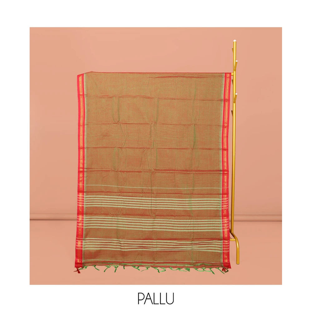 Pothys Orange Plain Narayanpet Cotton Saree, Complemented by a Contrast Traditional Design Temple Border, Striped Pallu, and Comes Without a Blouse