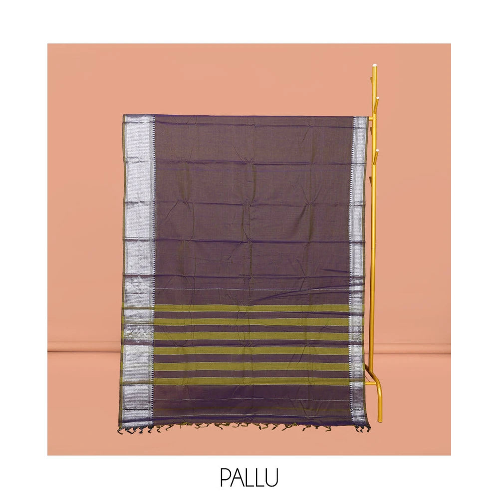 Pothys Brown Dual-tone Plain Narayanpet Cotton Saree, Complemented by a Contrast Traditional Design Border, Striped Pallu, and Comes Without a Blouse