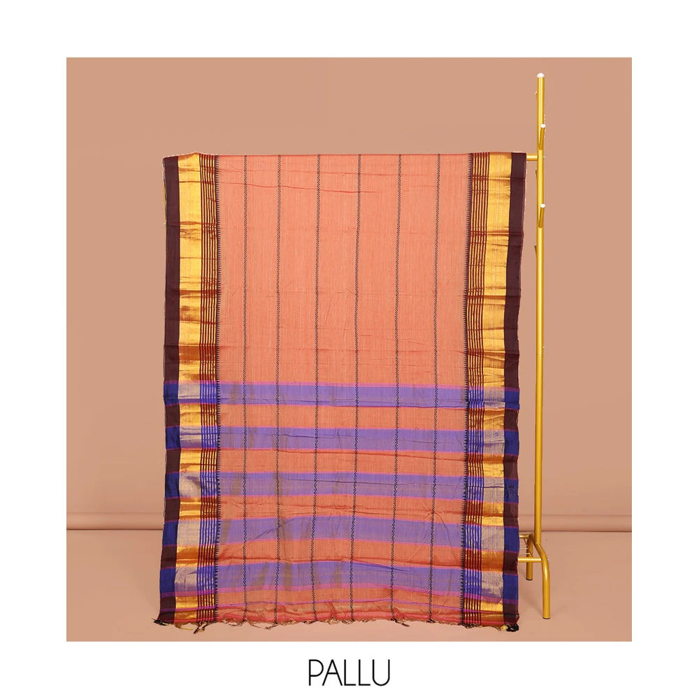 Pothys Peach Narayanpet Cotton Saree, Adorned with Veldhari Stripes, Complemented by a Contrast Temple Traditional Zari Design Border, Striped Pallu, and Comes Without a Blouse