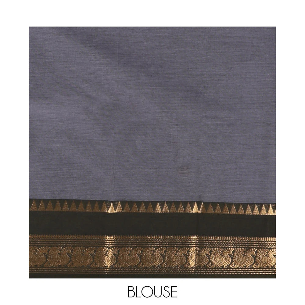 Pothys Grey Plain Chettinad Cotton Saree, Contrast Rettai Pettu Temple-Peacock Border, a Self-Pallu, a Matching Blouse