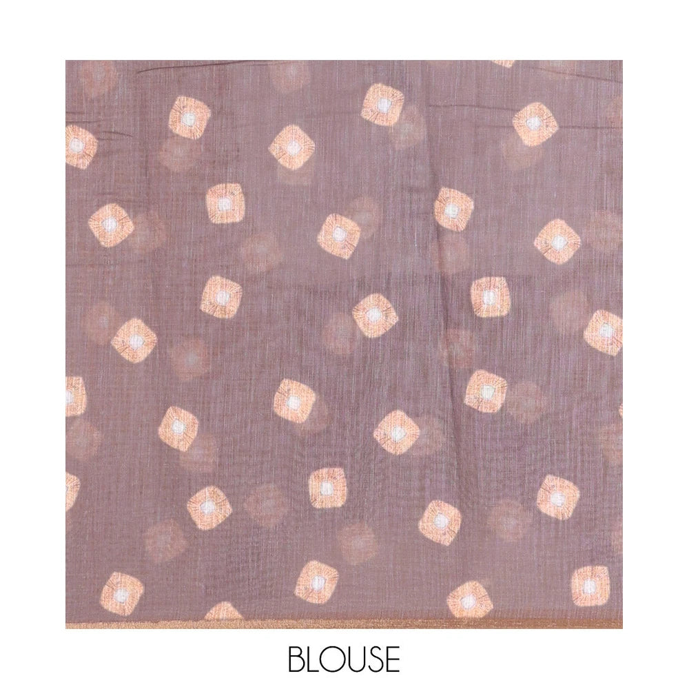 Pothys Borderless Brown Linen Cotton Saree, Adorned with Shibori Print, and Paired with a Matching Blouse