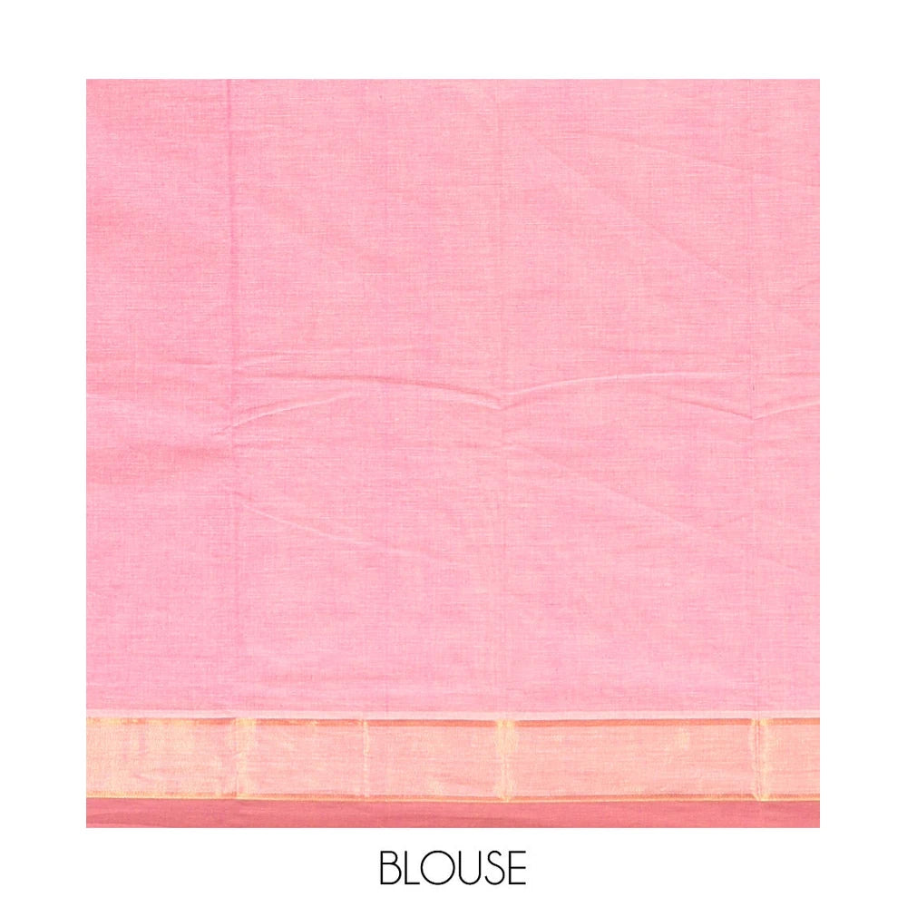 Pothys Pink Kanchi Cotton Saree, Adorned with Buttas All Over Its Body, a Complemented by Contrast Border, Pallu of Intricate Designs, and Paired with a Matching Blouse