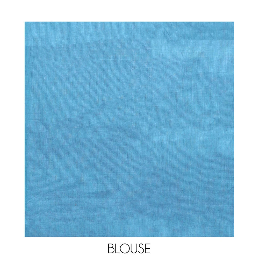 Pothys Blue Plain Chettinad Cotton Saree, Captivating by a Contrast Traditional Zari Design Woven Temple Border, Pallu of Stripes, and Paired with a Matching Blouse