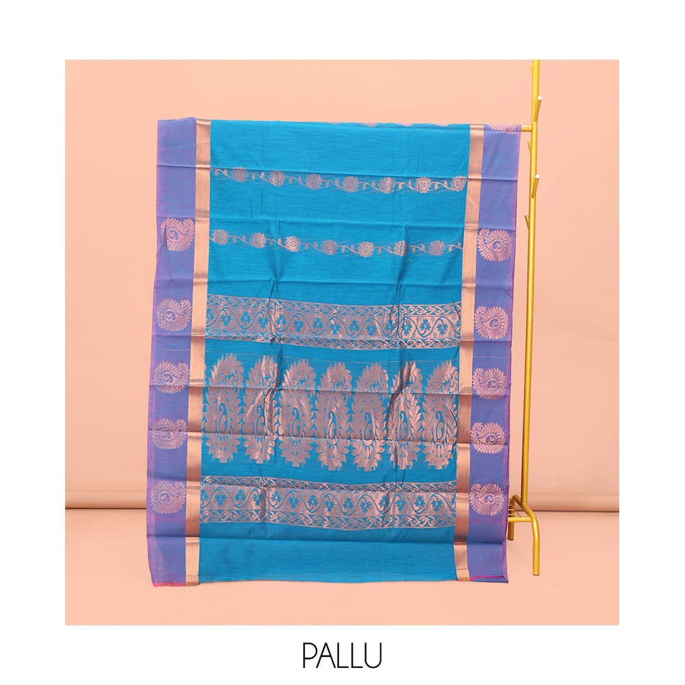 Pothys Blue Semi-Silk Cotton Saree with Floral Creeper Design