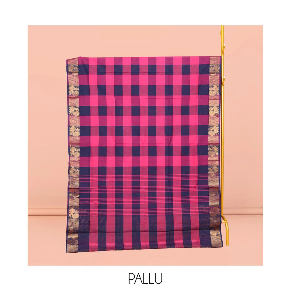 Pothys Blue-Pink Chettinad Cotton Saree, Detailed with Checks, Highlighted by Traditional Peacock Border, Striped Pallu, and No Blouse