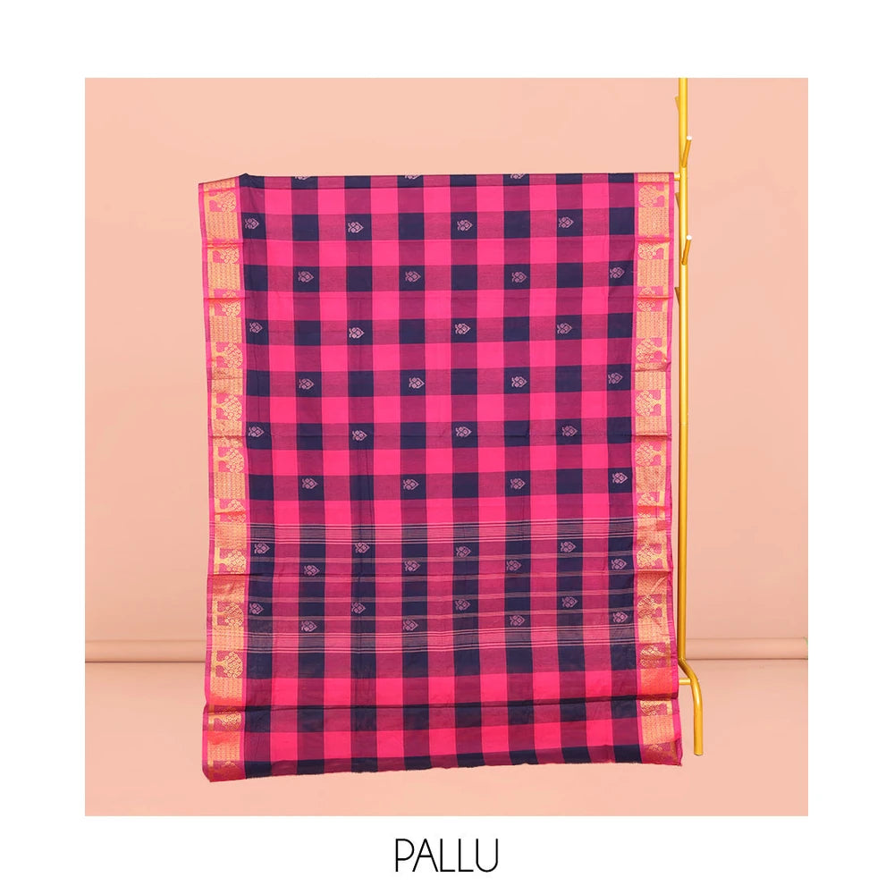 Pothys Blue-Pink Chettinad Cotton Saree, Decked Up with Buttas and Checks, Highlighted by Tree Motifs Zari Border, Pallu of Stripes and Buttas, and No Blouse