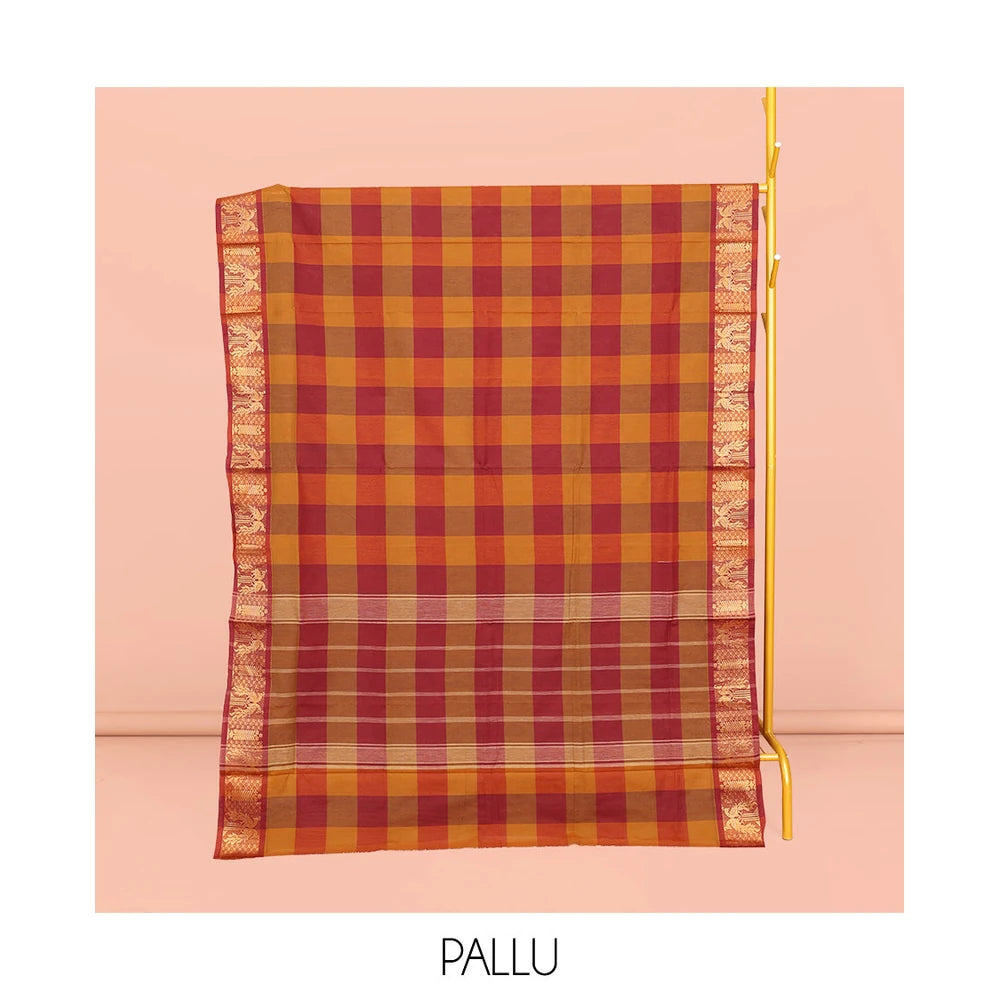 Pothys Orange-Red Chettinad Cotton Saree, Accentuated with Macro-Checks, Highlighted by Peacock Motifs Zari Border, Pallu of Stripes, and No Blouse