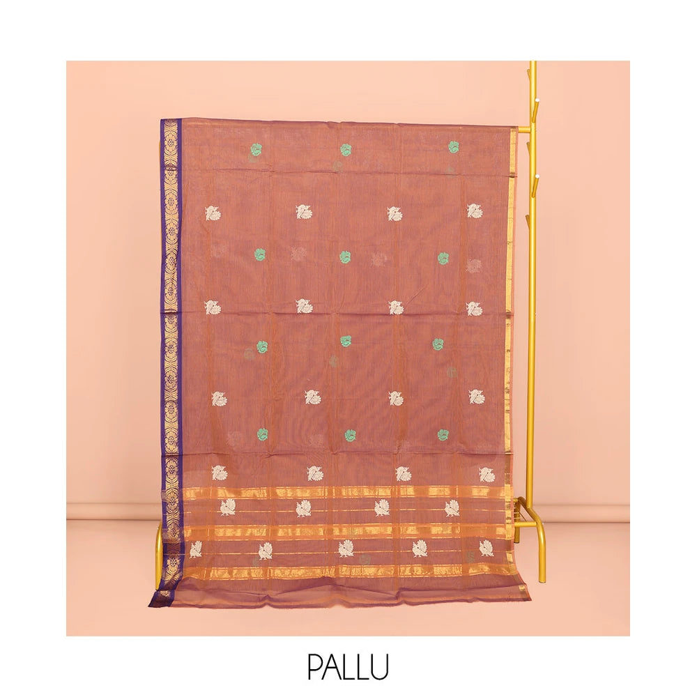 Pothys Peach Venkatagiri Cotton Saree, Woven with Buttas, a Contrast Floral Zari Border, Pallu of Buttas and Stripes, and No Blouse