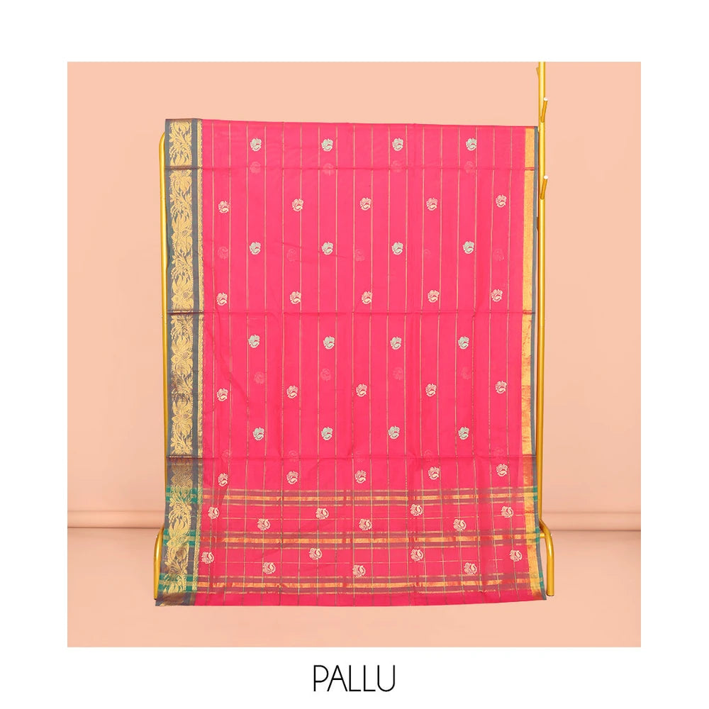 Pothys Pink Venkatagiri Cotton Saree Features Buttas and Stripes, a Contrast Floral Creeper Zari Border, Pallu of Buttas and Stripes, and No Blouse