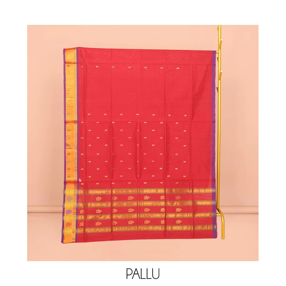 Pothys Red Venkatagiri Cotton Saree Steeped with Buttas, a Contrast Zari-Thread Border, Pallu of Stripes, and No Blouse