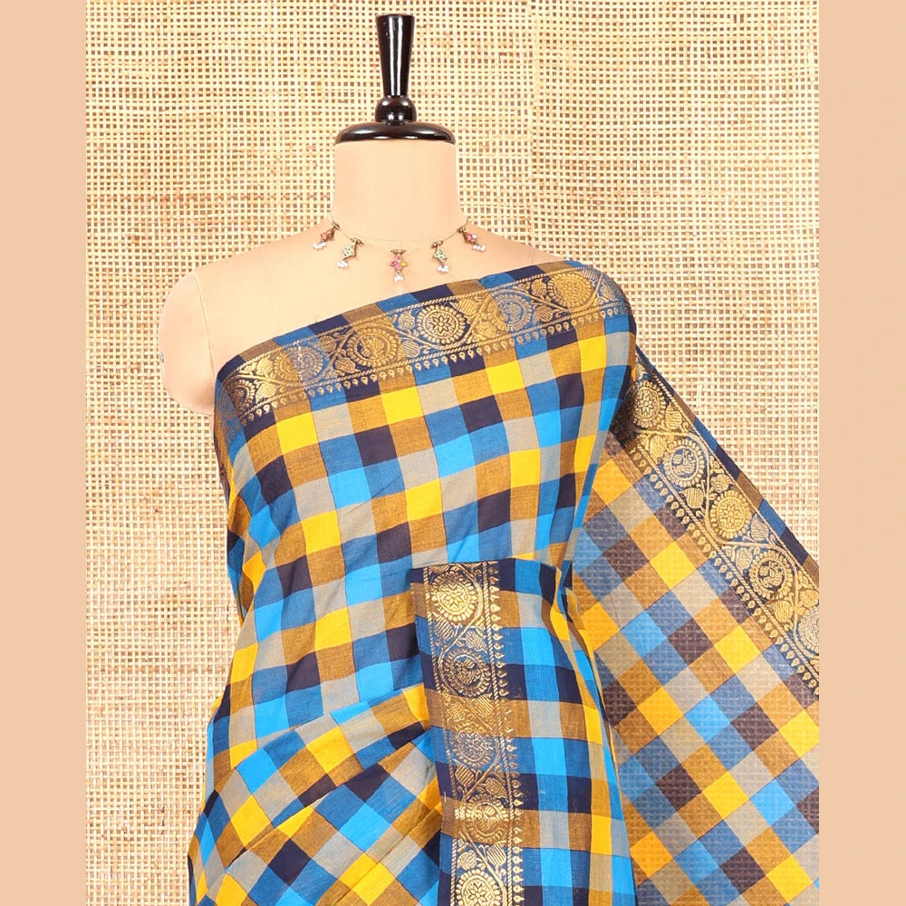 Pothys Blue-Yellow Chettinad Cotton Saree, Elevated with Madras Checks, a Zari Floral Creeper Border, and No Blouse